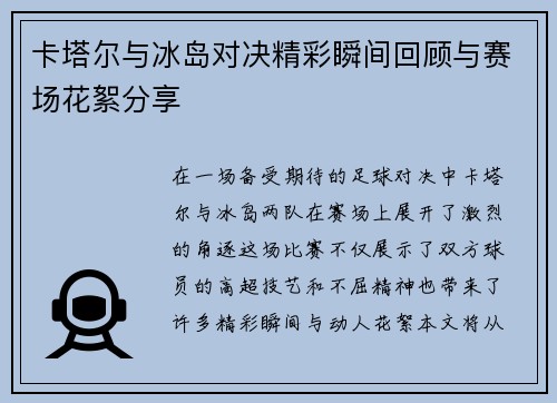 卡塔尔与冰岛对决精彩瞬间回顾与赛场花絮分享